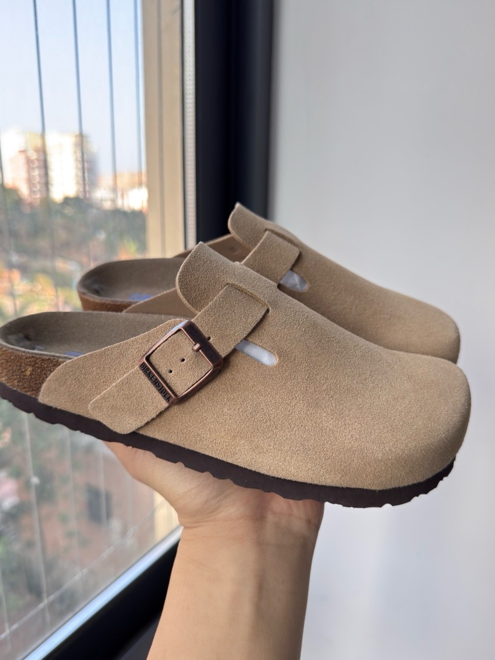 Birkenstock Boston taupe suede mule clogs